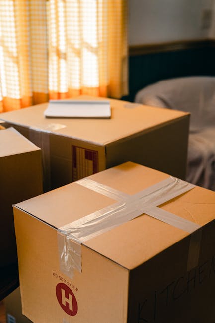 A young woman with curly black hair, wearing a white t-shirt and blue jeans, is sitting cross-legged on a wooden floor inside a property surrounded by neatly stacked cardboard moving boxes, some labeled with contents and fragile notices. She is smiling at the camera while holding a cup of coffee or tea. An open box in front of her contains packing material, such as crumpled paper or packing peanuts. The background shows additional boxes arranged along the walls, with some boxes on a pavement outside the entrance, indicating the process of packing or loading for a house relocation. This scene captures the packing and preparation stage of a furniture transfer or home move managed by [COMPANY_NAME], with a focus on the careful handling of items and organization involved in removals and moving services.